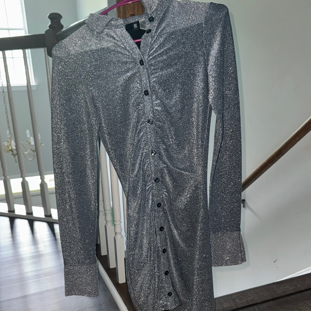 Divided Silver Ruched Long Sleeve Shirt Dress